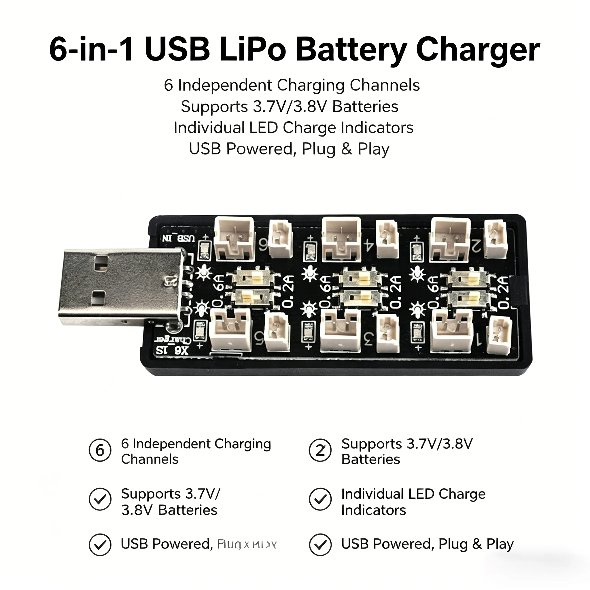 Drone Battery Adapter - 6-Channel 1S LiPo Battery Charger Board